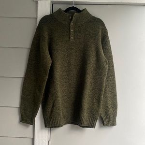 LL bean mens green 100% lambs wool mock button down knit sweater